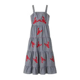 HXAO Embroidery Plaid Long Dresses Women Sleeveless Slip Midi Dress Woman Pleated Backless Beach Dress Vintage Summer Dress SHOPEZRA L.L.C.