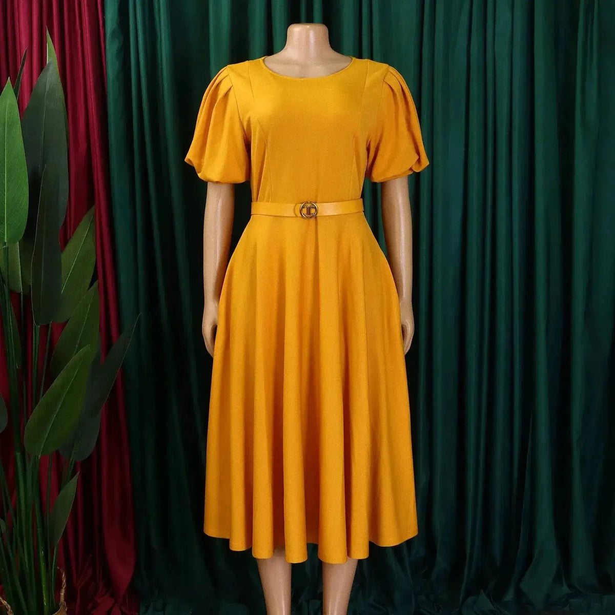 Elegant Office Dress for Women Professional O Neck Short Sleeve Belt Waisted A Line Mid Calf Formal Business Work Dress Midi New by Dropshipman