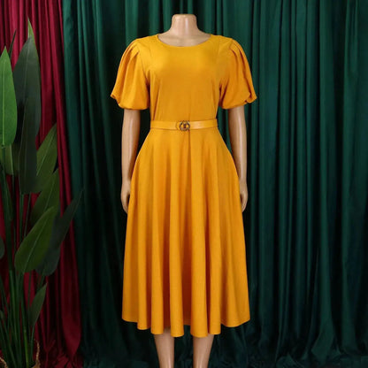 Elegant Office Dress for Women Professional O Neck Short Sleeve Belt Waisted A Line Mid Calf Formal Business Work Dress Midi New by Dropshipman