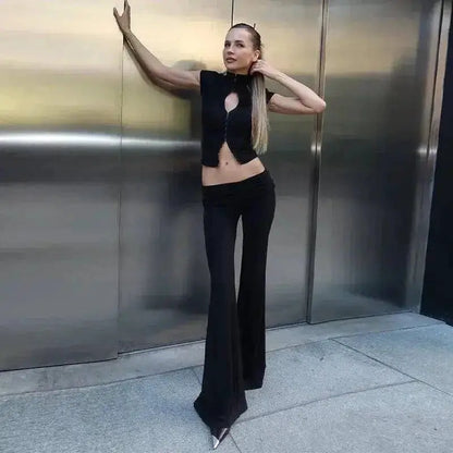 Y2k Black Hollow Out Slit Dress Women Solid Short Sleeve High Neck Slim Fit Maxi Dresses Lady Fashion Evening Party Club Robe by Dropshipman