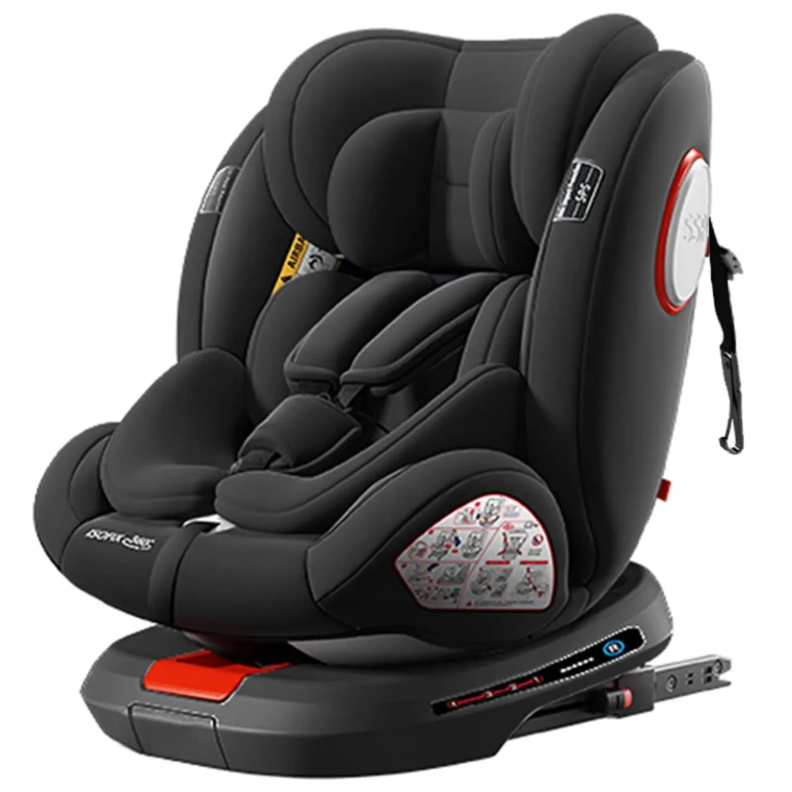 SHOPEZRA L.L.C. 360 swivel toddler car seat with retractable support, ISOFIX mount, side impact protection, and adjustable facing options.