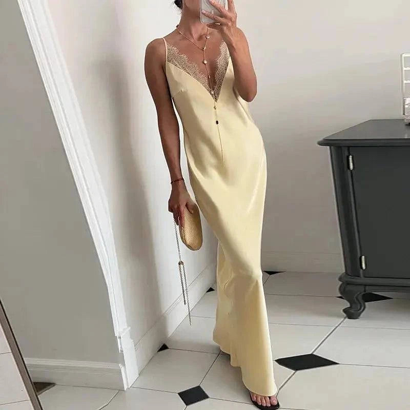 Elegant lace satin spliced women's summer sundress with V-neck, sleeveless, backless design, perfect for beach or party occasions.