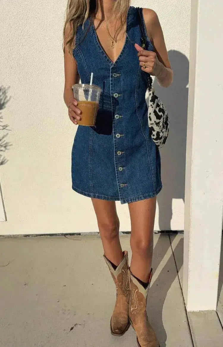 Denim Dress Women Mid Length Dresses Vest Vestidos Y2k Streetwear Elegant Splice Party Night Work V Neck Sleeveless Tight Waist by Dropshipman