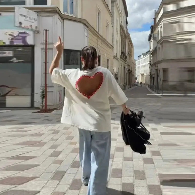 Y2k Style White Oversized T Shirt Women Fashion Backless Heart Cutout Red Trim Half Sleeve Tops Summer Casual Streetwear Outfits SHOPEZRA L.L.C.