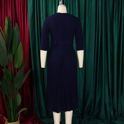 Elegant Office Ladies Dresses 2024 Autumn Fall Notched Collar Half Sleeve Belt Waisted Mid Calf Female Birthday Party Dress Midi by Dropshipman