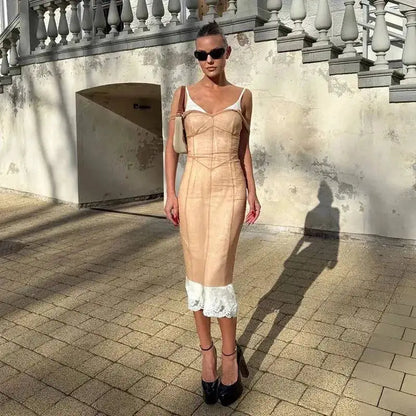 Mesh Overlay Lace Hem Slip Midi Dress Slim Spaghetti Strap Sheer 2026 Summer Elegant Women Bodycon Dress Retro Date Lady Gown by Dropshipman