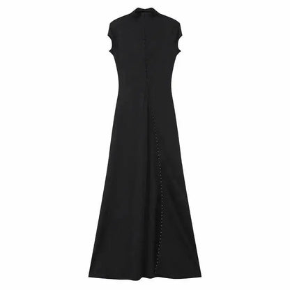 Y2k Black Hollow Out Slit Dress Women Solid Short Sleeve High Neck Slim Fit Maxi Dresses Lady Fashion Evening Party Club Robe by Dropshipman