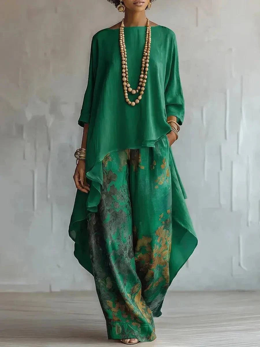 Casual two-piece set from SHOPEZRA L.L.C. with an oversized loose O-neck top and wide-leg printed pants, suitable for everyday wear.