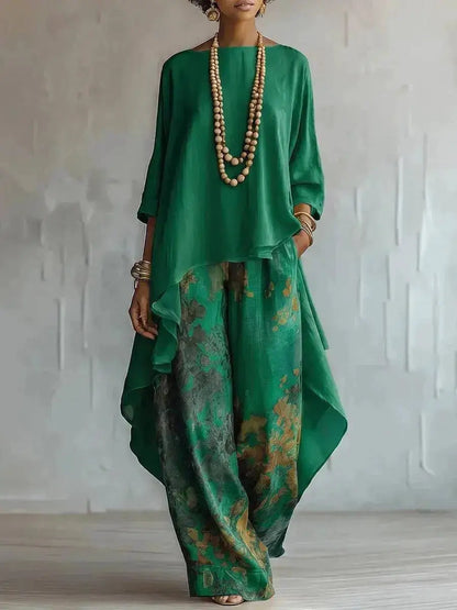 Casual Two Piece Set Loose O-neck 3/4 Sleeve Irregular Solid Color Extended Top Printed Wide Leg Pants Suit Fashion Commuting by Dropshipman