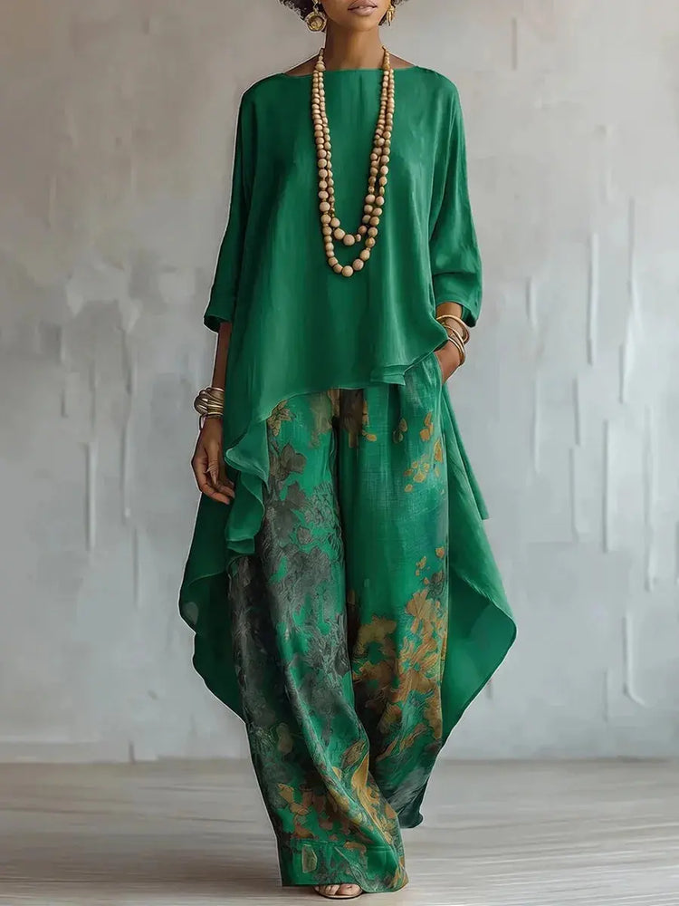 Casual Two Piece Set Loose O-neck 3/4 Sleeve Irregular Solid Color Extended Top Printed Wide Leg Pants Suit Fashion Commuting SHOPEZRA L.L.C.