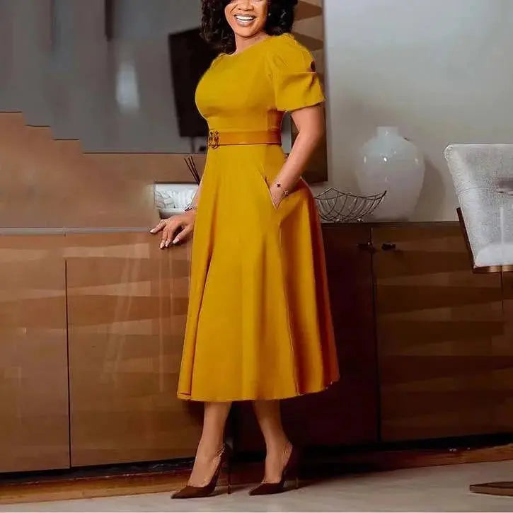 Elegant women's office dress by SHOPEZRA L.L.C. featuring a black o-neck, short sleeves, belt, and A-line midi style for professional work.