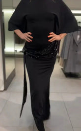 Sequin Patchwork Backless Dress Women Elegant Solid Middle Sleeve Cinched-waist Slim Long Dresses Fashion Evening Party Vestidos SHOPEZRA L.L.C.