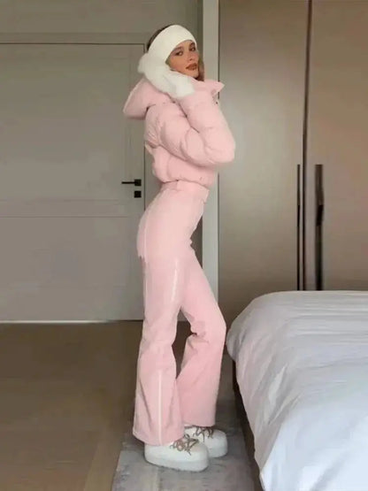 Women Fur Collar Hooded Skiwear Fashion Solid Thicken Zipper High Waist Slim Outdoor Overalls Jumpsuit Lady Winter Outwear by Dropshipman
