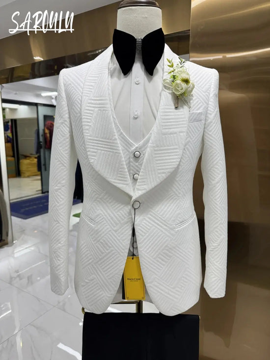 Patterned Elegant White Man Suit Jacket Vest Pants Fashionable 3-pieces Shawl Lapel Groom Wear Modern Glam Tuxedo Chic Set SHOPEZRA L.L.C.