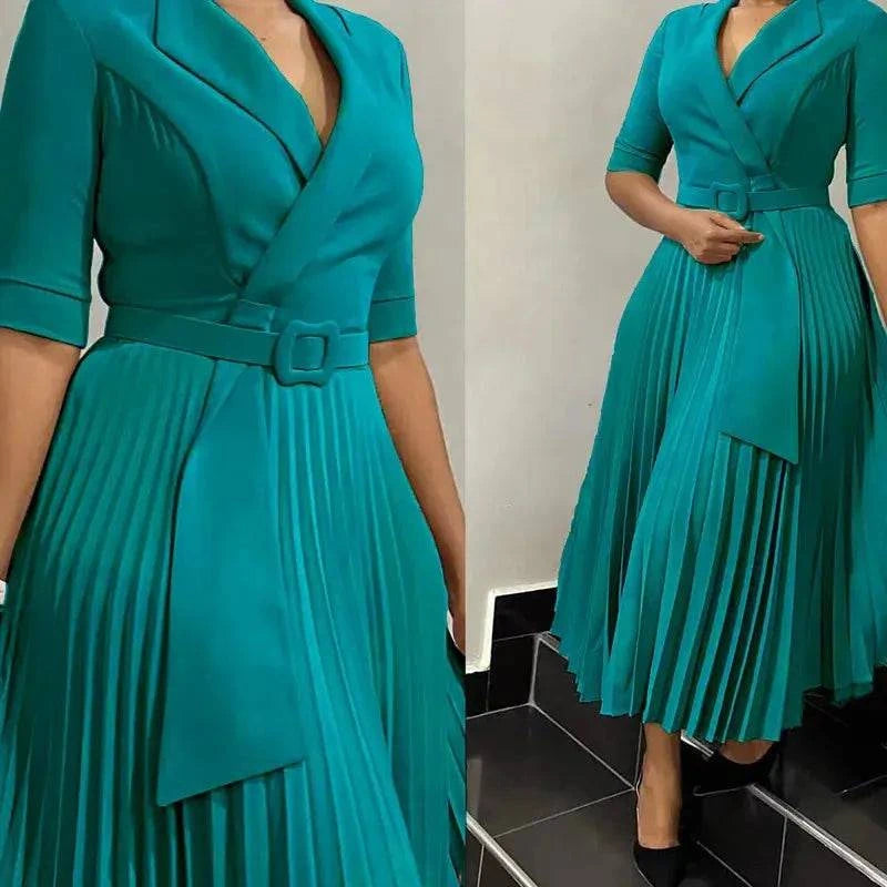 Elegant office dress from SHOPEZRA L.L.C. featuring a notched collar, half sleeves, belt, and midi length for fall.