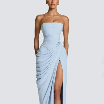 Elegant Solid Strapless Pleated Dress Women Chic Sleeveless Waist Cinching Split Maxi Vestidos 2026 Lady Evening Party Dresses by Dropshipman