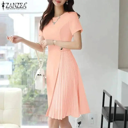 ZANZEA 2025 Elegant Pleated Dresses Women Summer Work OL Dress Stylish Short Sleeve Party Sundress Casual Patchwork Vestidos by Dropshipman