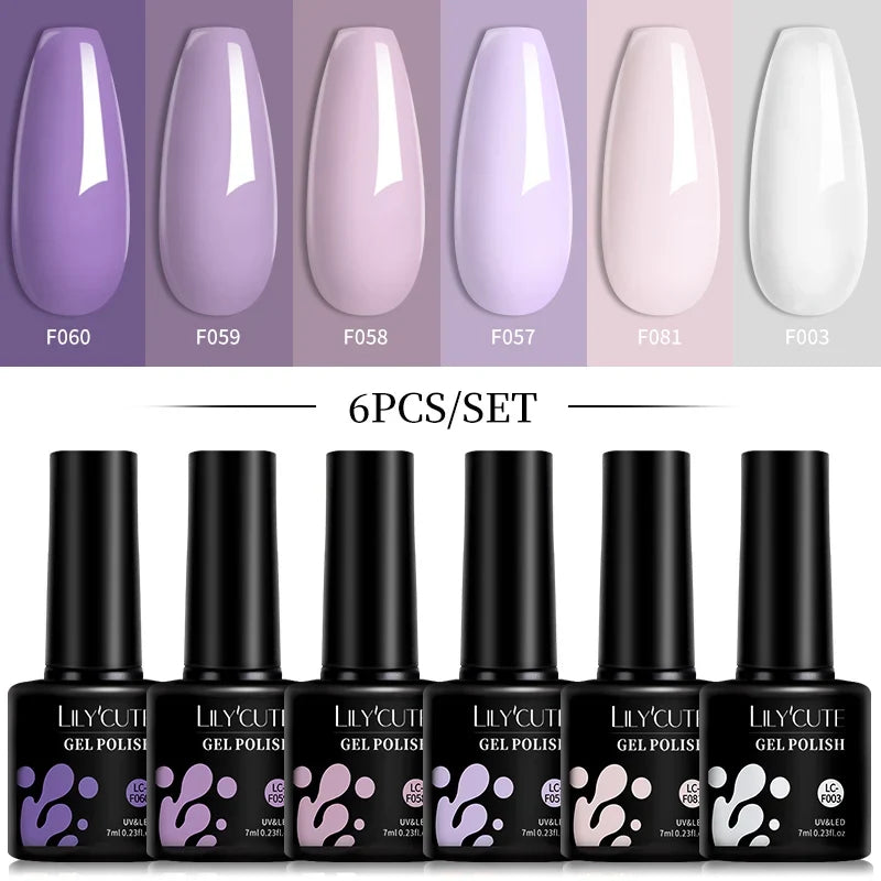 LILYCUTE 6Pcs 7ML Gel DIY Nails Polish Set Bright Pink Nail Charms Soak Off UV LED Gel Varnish Nail Art Design Accessories