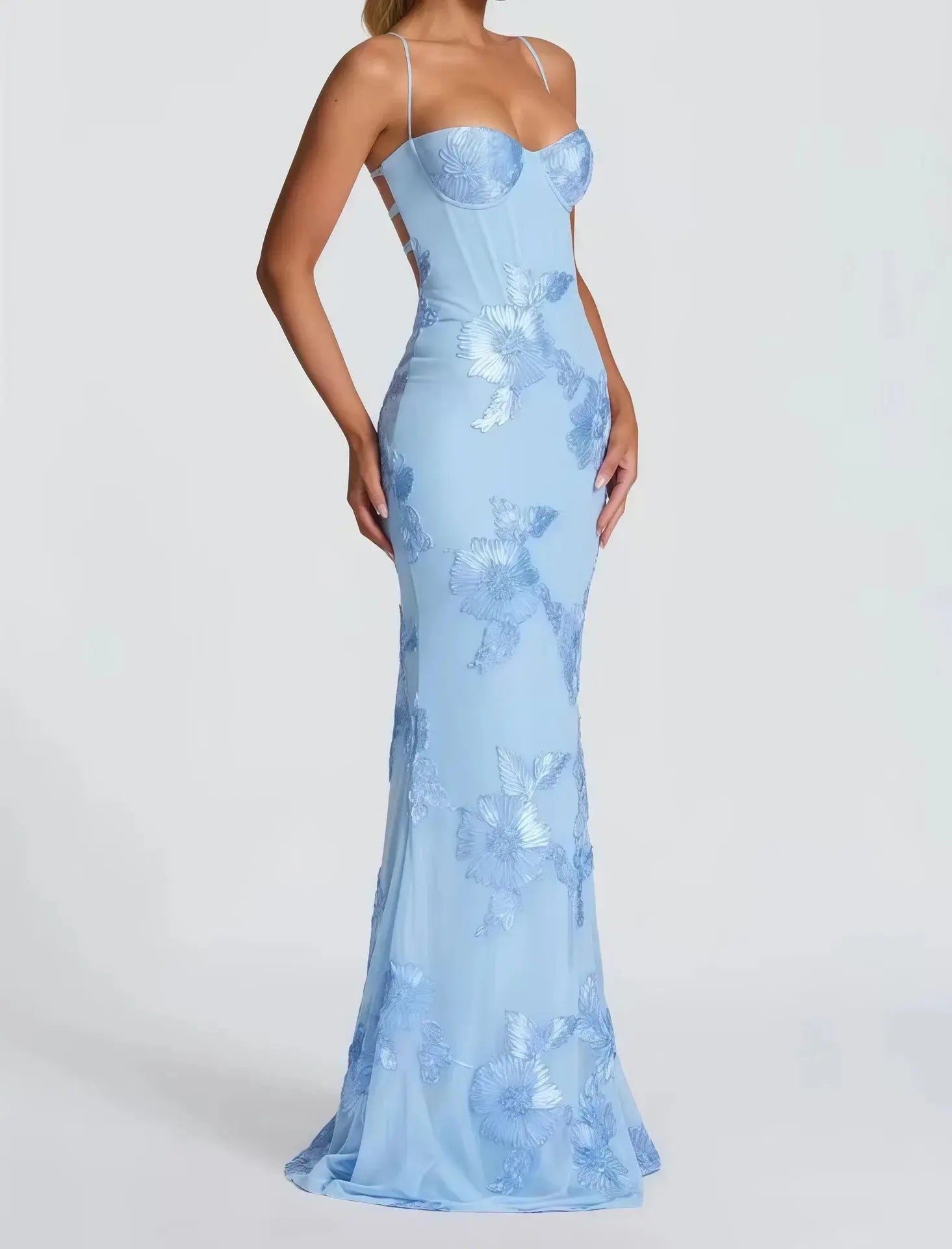 Elegant Women 3d Embroidery Floral Long Dress Women Backless Cross Tied Spaghetti Strap Robe Slim Floor Length Evening Dresses SHOPEZRA L.L.C.