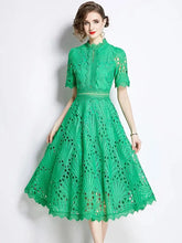 SMTHMA Vintage High-End O-Neck Short Sleeve Lace Hollow Out Dress For Women&