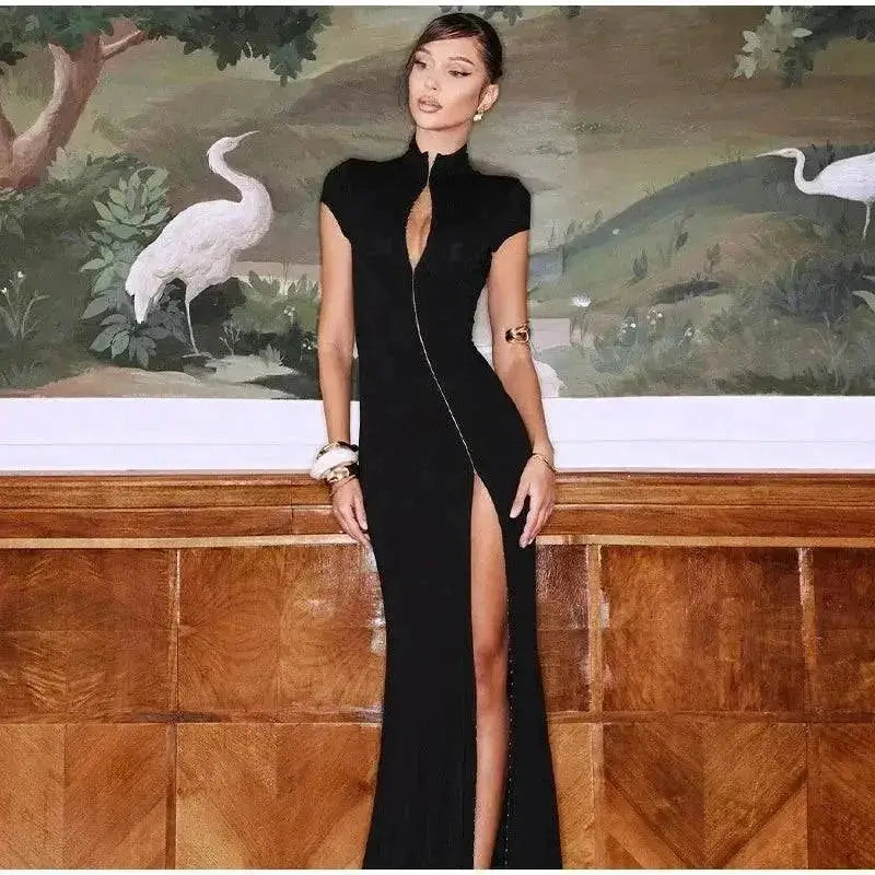 Y2k Black Hollow Out Slit Dress Women Solid Short Sleeve High Neck Slim Fit Maxi Dresses Lady Fashion Evening Party Club Robe by Dropshipman