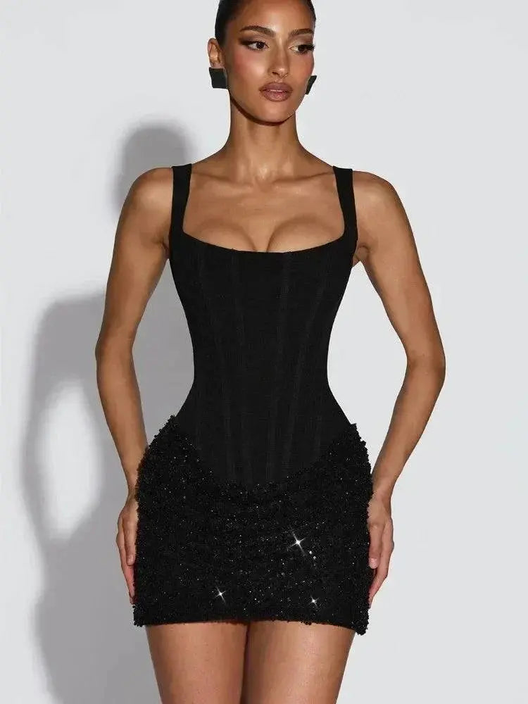 Black square-neck halter mini dress by SHOPEZRA L.L.C., sleeveless, pleated, high waist, backless, bodycon style for summer parties.