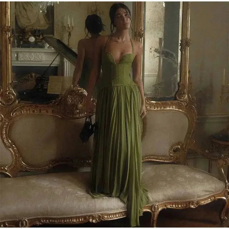 Green Fishbone Corset Halter Maxi Dress Women Sleeveless Backless Pleated Patchwork Slim Dresses Lady Solid Party Evening Gown by Dropshipman