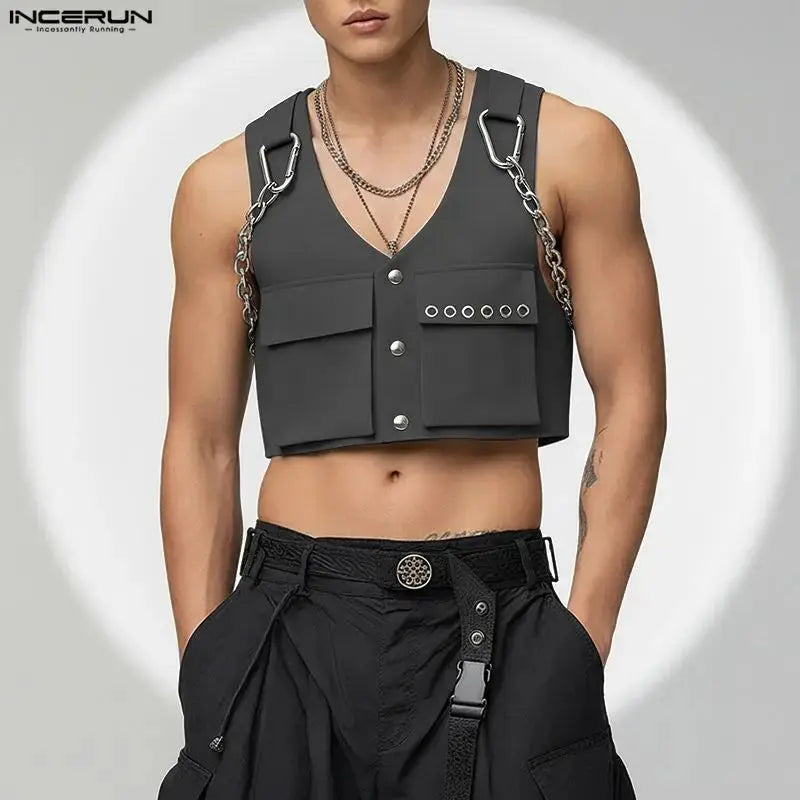 INCERUN Men Vests Solid Color Chain Decoration V Neck Sleeveless Crop Tops Men Streetwear Fashion Casual Male Waistcoats S-3XL SHOPEZRA L.L.C.