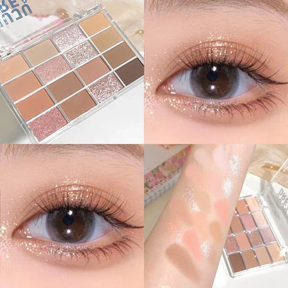 JUJU DREAM 16-Color Earth Tone Eyeshadow Matte &amp; Shimmer Palette, Lying Silkworm Brightener for Soft Daily Makeup
