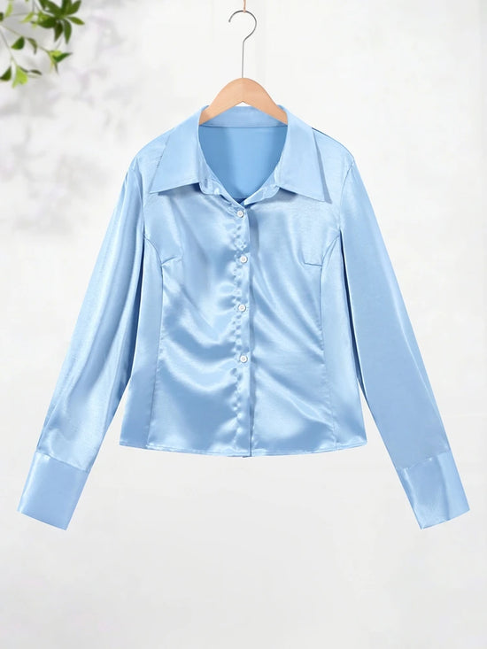 Elegantes Damenhemd Umlegekragen Langarm Einreihig Unifarben Satin Top für Damen 2026 Sommer Pendler Mode Damen Tops