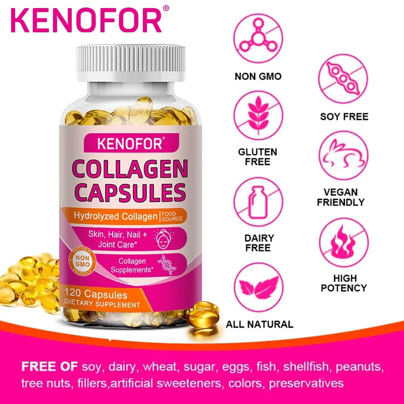 Kenofor 120 Hydrolyzed Collagen Capsules - Support Skin &amp; Joint &amp; Hair &amp; Nail Health - Collagen Supplement