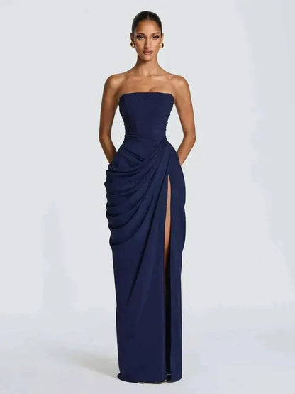 Elegant Solid Strapless Pleated Dress Women Chic Sleeveless Waist Cinching Split Maxi Vestidos 2026 Lady Evening Party Dresses by Dropshipman
