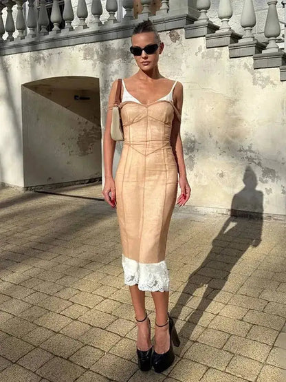 Mesh Overlay Lace Hem Slip Midi Dress Slim Spaghetti Strap Sheer 2026 Summer Elegant Women Bodycon Dress Retro Date Lady Gown by Dropshipman