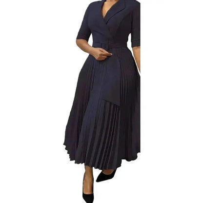 Elegant Office Ladies Dresses 2024 Autumn Fall Notched Collar Half Sleeve Belt Waisted Mid Calf Female Birthday Party Dress Midi by Dropshipman