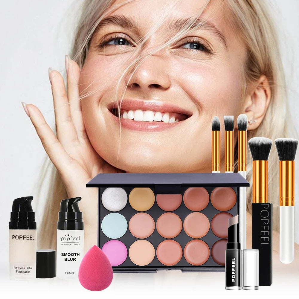 POPFEEL 10-Piece Face Makeup Set - Beginner-Friendly Foundation, Concealer &amp; Brush Combo - Complete Face Makeup Kit for Flawless
