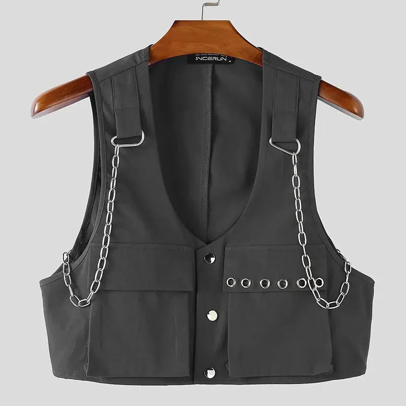 INCERUN Men Vests Solid Color Chain Decoration V Neck Sleeveless Crop Tops Men Streetwear Fashion Casual Male Waistcoats S-3XL SHOPEZRA L.L.C.