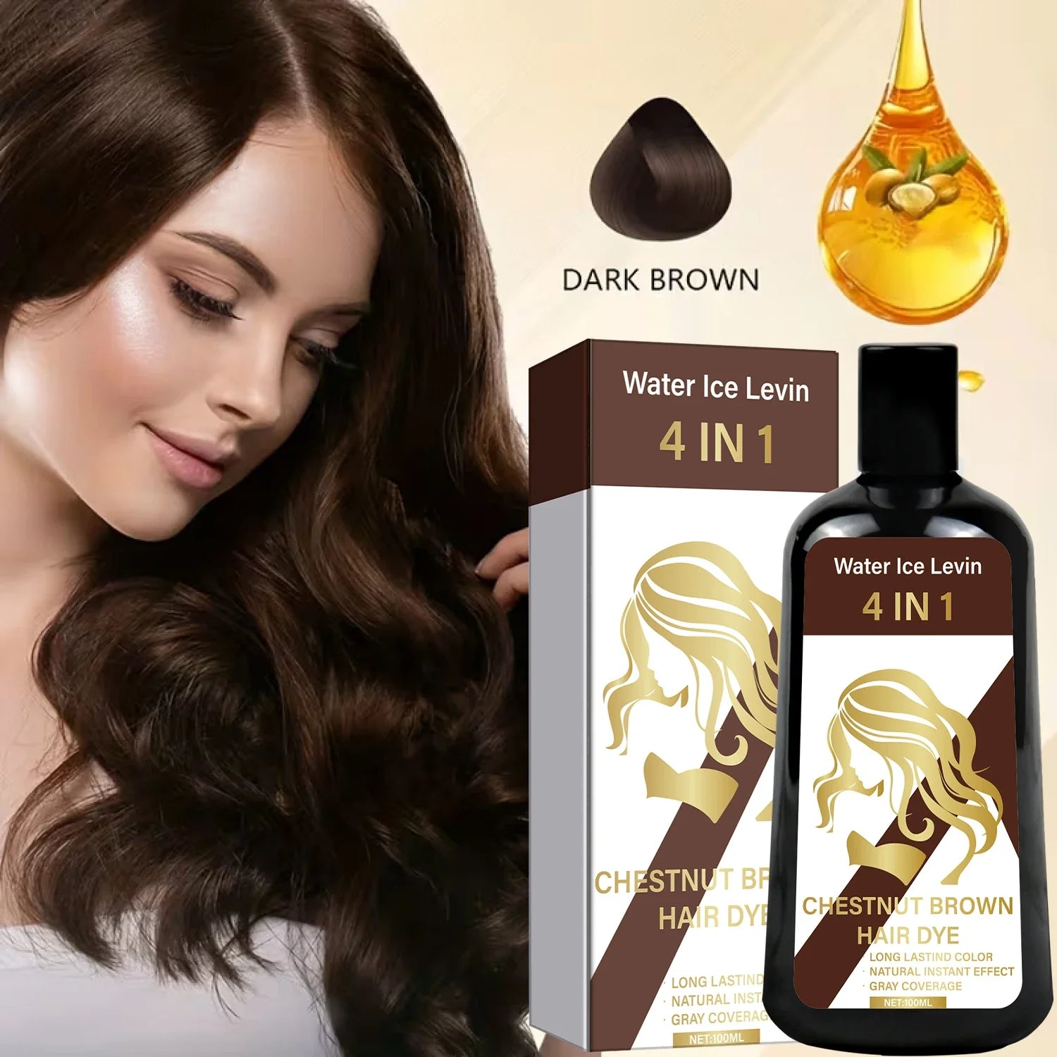 4-in-1 Chestnut Brown Hair Dye Shampoo for Long-Lasting Color &amp; Natural Instant Gray Coverage, Ginger &amp; Ginseng Enriched.