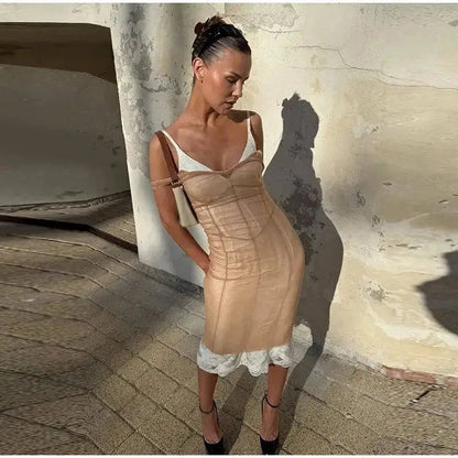 Mesh Overlay Lace Hem Slip Midi Dress Slim Spaghetti Strap Sheer 2026 Summer Elegant Women Bodycon Dress Retro Date Lady Gown by Dropshipman