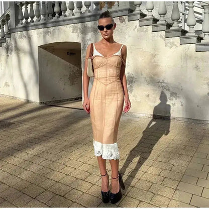 Mesh Overlay Lace Hem Slip Midi Dress Slim Spaghetti Strap Sheer 2026 Summer Elegant Women Bodycon Dress Retro Date Lady Gown by Dropshipman