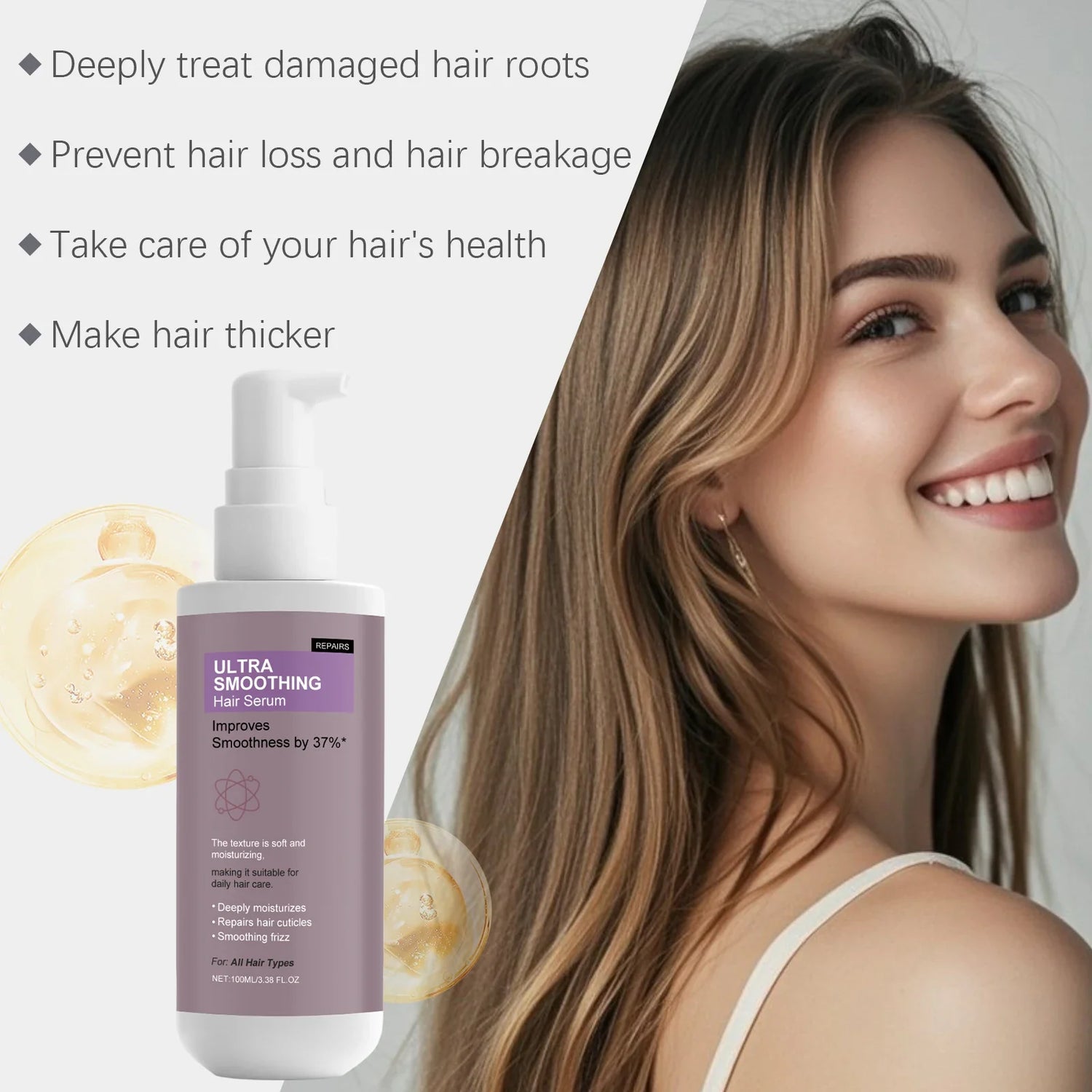 Smoothing Hair Serum - Gentle Hydrating Formula for Frizz-Free, Lightweight &amp; Refreshing Scalp-Safe Daily Hair Care