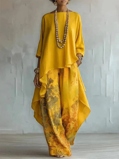 Casual Two Piece Set Loose O-neck 3/4 Sleeve Irregular Solid Color Extended Top Printed Wide Leg Pants Suit Fashion Commuting by Dropshipman