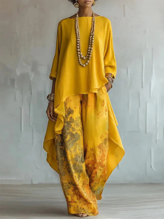Casual Two Piece Set Loose O-neck 3/4 Sleeve Irregular Solid Color Extended Top Printed Wide Leg Pants Suit Fashion Commuting SHOPEZRA L.L.C.