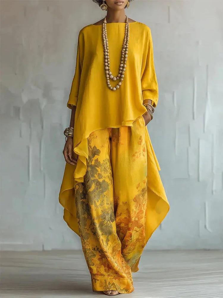 Casual Two Piece Set Loose O-neck 3/4 Sleeve Irregular Solid Color Extended Top Printed Wide Leg Pants Suit Fashion Commuting SHOPEZRA L.L.C.