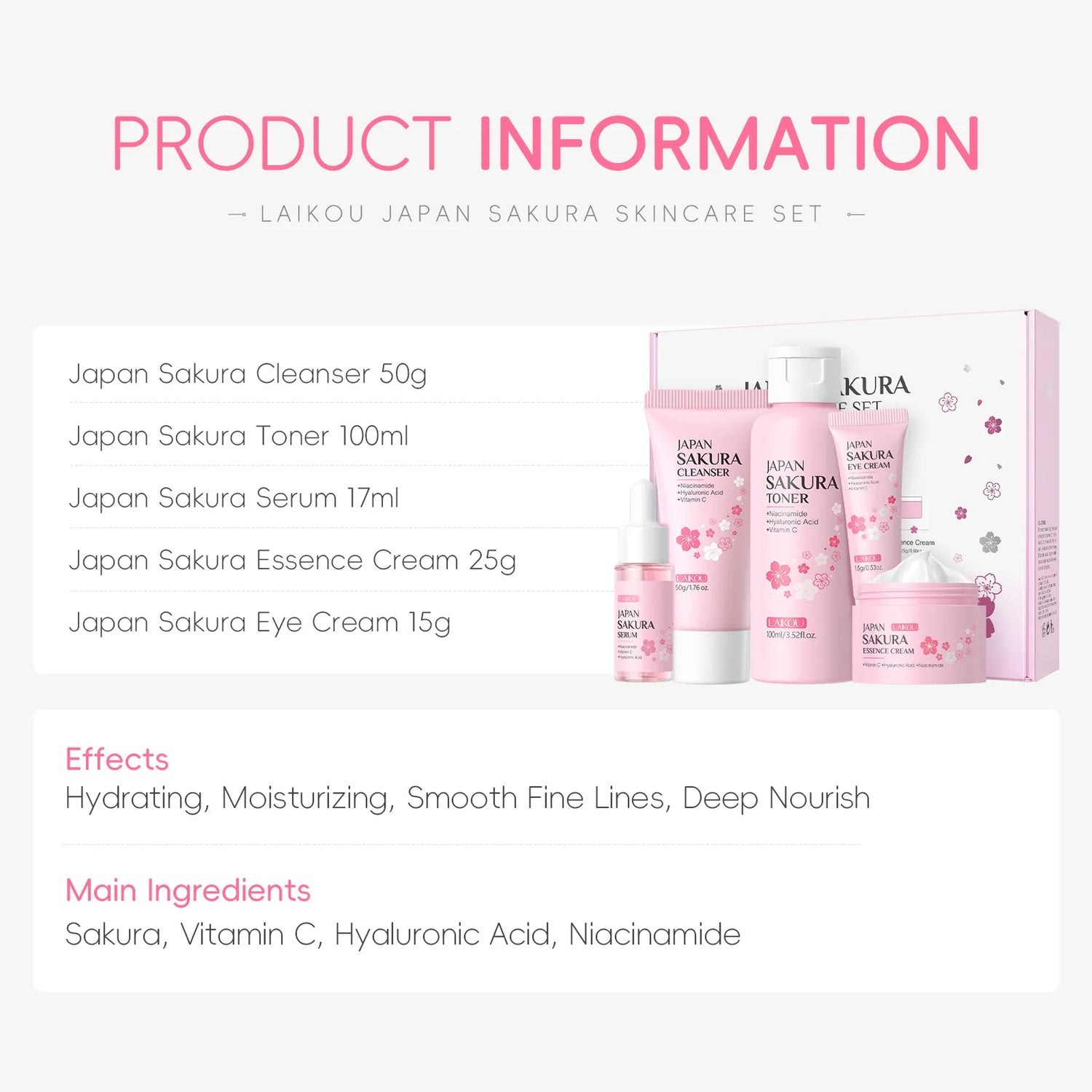 LAIKOU Sakura Kit Skin Care Sets Moisturizing and Reducing Fine Lines Cleansing Pore Product 5-Piece Korean Women&