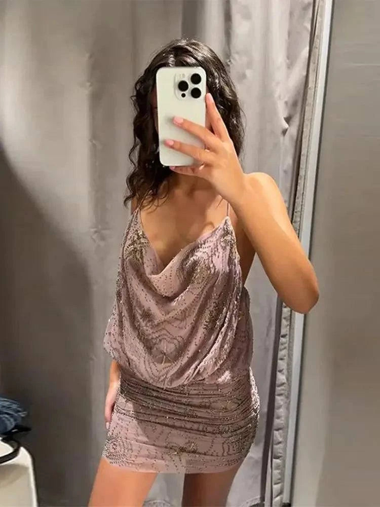 Sleeveless backless bead embroidery sequin ruffle women’s evening dress by SHOPEZRA L.L.C. for summer parties and holiday events.