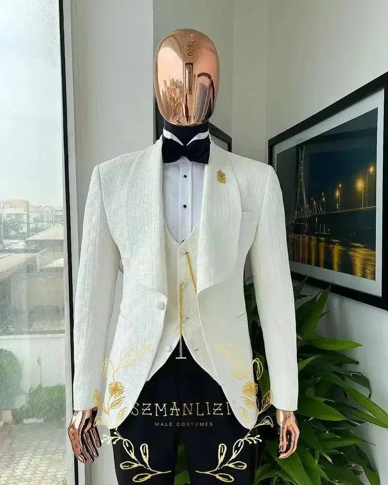 Suits Sets For Men Fashion White Plaid Blazer Vest Floral Pants 3 Pieces Formal Party Tailor-made Elegant Slim Fit Costumes by Dropshipman