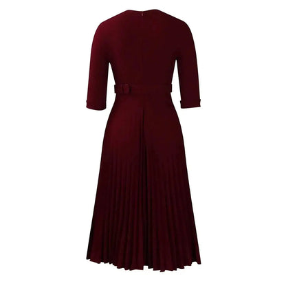 Elegant Office Ladies Dresses 2024 Autumn Fall Notched Collar Half Sleeve Belt Waisted Mid Calf Female Birthday Party Dress Midi by Dropshipman