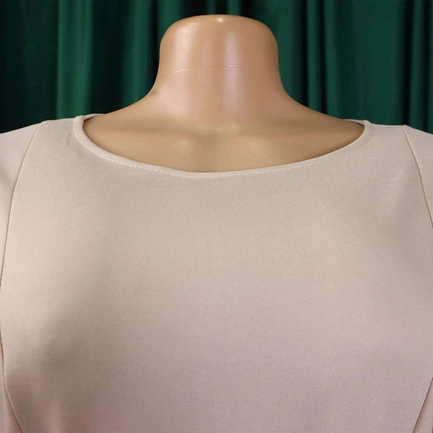 Elegant women's office dress by SHOPEZRA L.L.C. with O-neck, short sleeves, belt, A-line silhouette, midi length for professional work.
