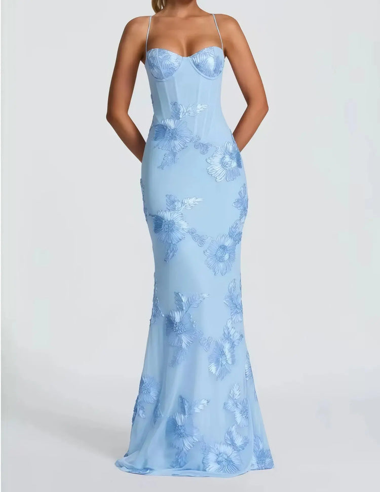 Elegant Women 3d Embroidery Floral Long Dress Women Backless Cross Tied Spaghetti Strap Robe Slim Floor Length Evening Dresses SHOPEZRA L.L.C.