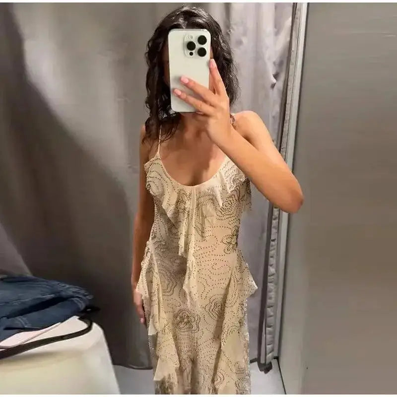 Bead Embroidery Sequin Ruffle Women Dress Sleeveless Backless Strap Sexy Evening Dresses 2025 Summer Party Holiday Street Robe by Dropshipman